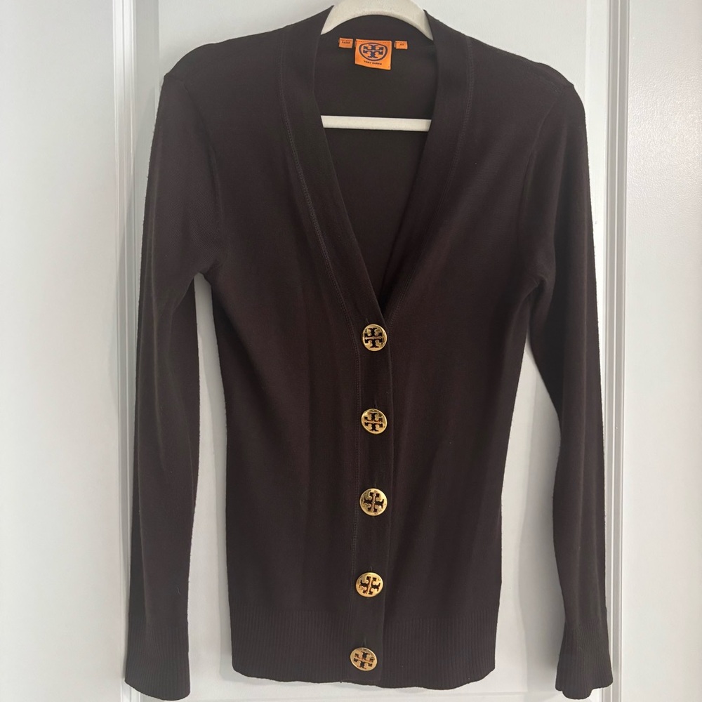 TORY BURCH 100% MERINO WOOL BROWN CARDIGAN